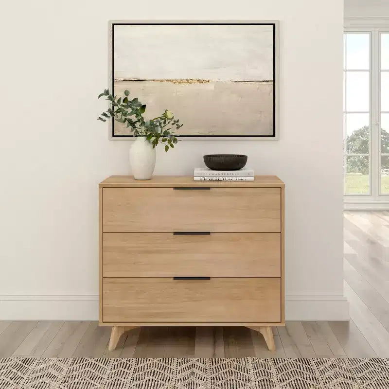 Commode 3 tiroirs en pin massif avec poignées en laiton