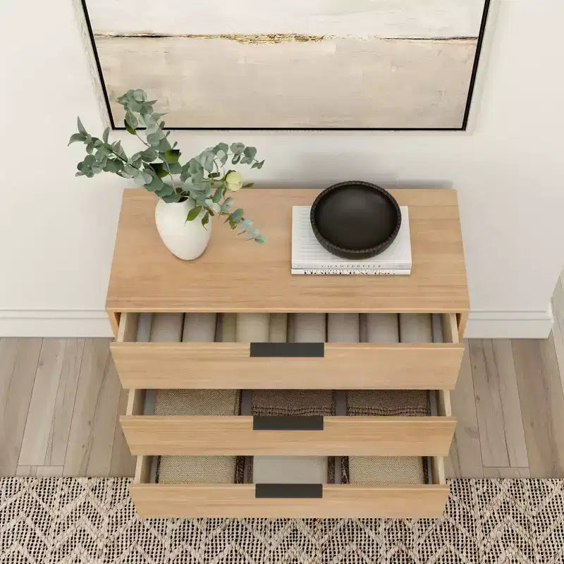 Commode 3 tiroirs en pin massif avec poignées en laiton