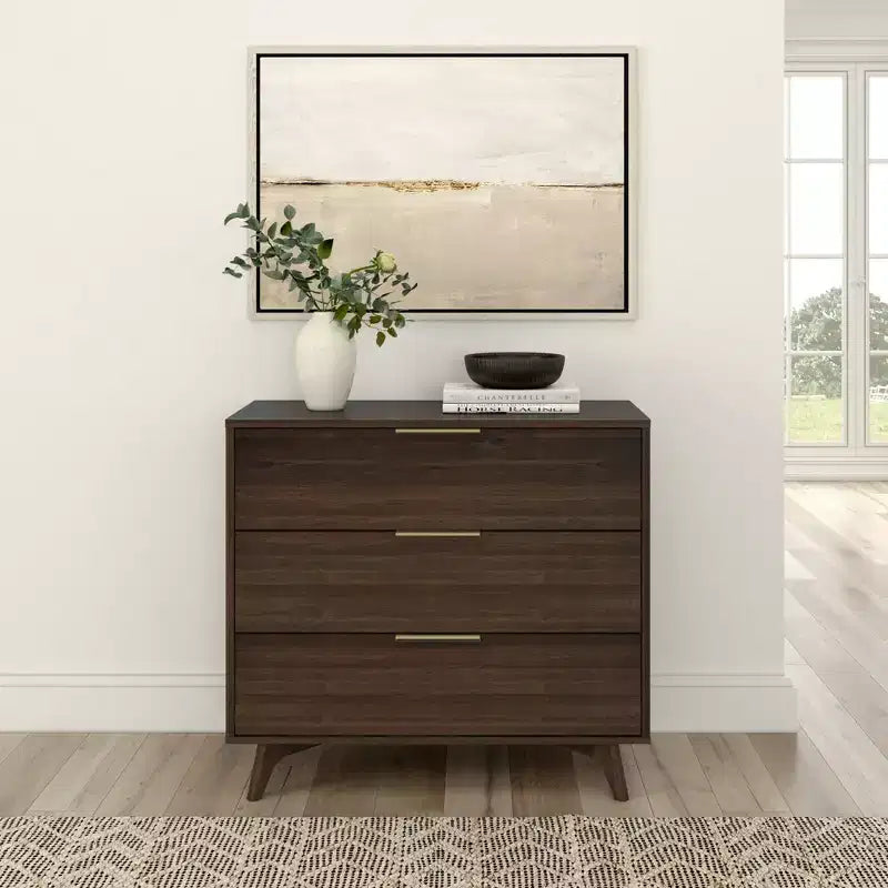 Commode 3 tiroirs en pin massif avec poignées en laiton
