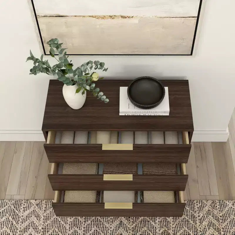 Commode 3 tiroirs en pin massif avec poignées en laiton