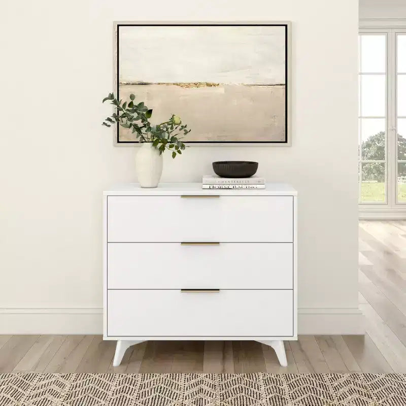 Commode 3 tiroirs en pin massif avec poignées en laiton
