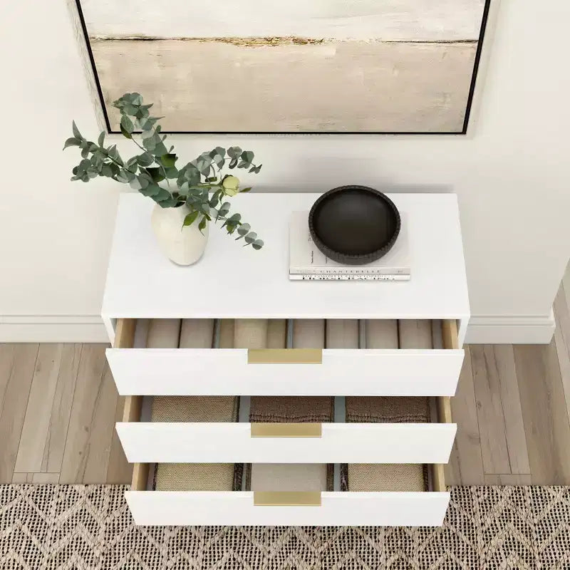 Commode 3 tiroirs en pin massif avec poignées en laiton