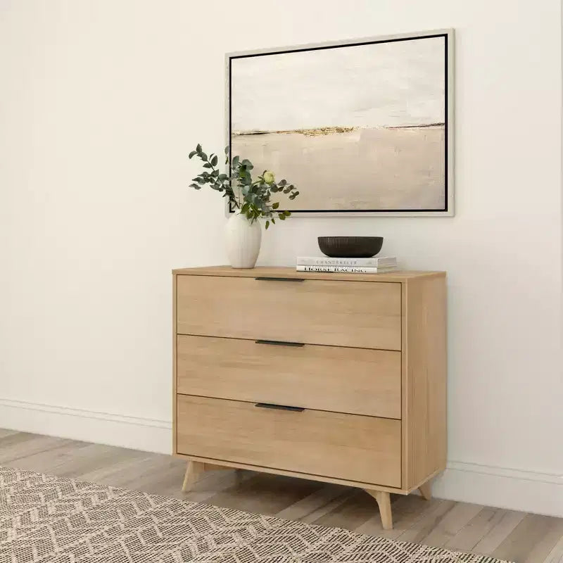 Commode 3 tiroirs en pin massif avec poignées en laiton