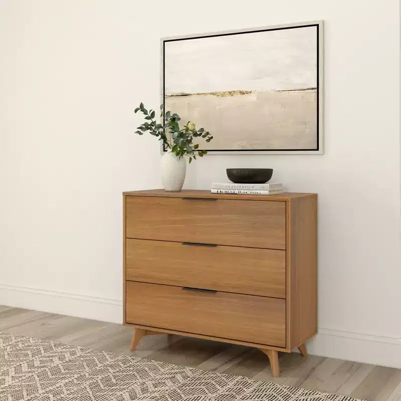 Commode 3 tiroirs en pin massif avec poignées en laiton