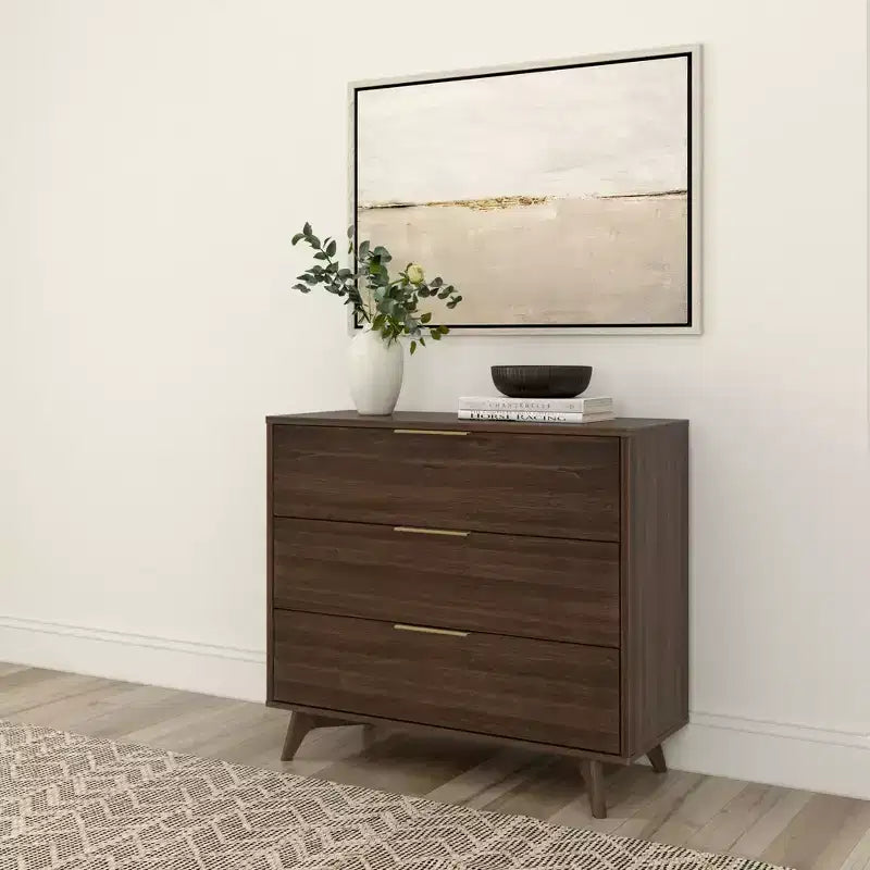 Commode 3 tiroirs en pin massif avec poignées en laiton