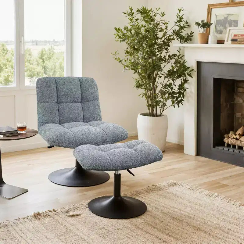 Fauteuil d'appoint pivotant en tissu de lin avec ottoman – Structure en bois et métal