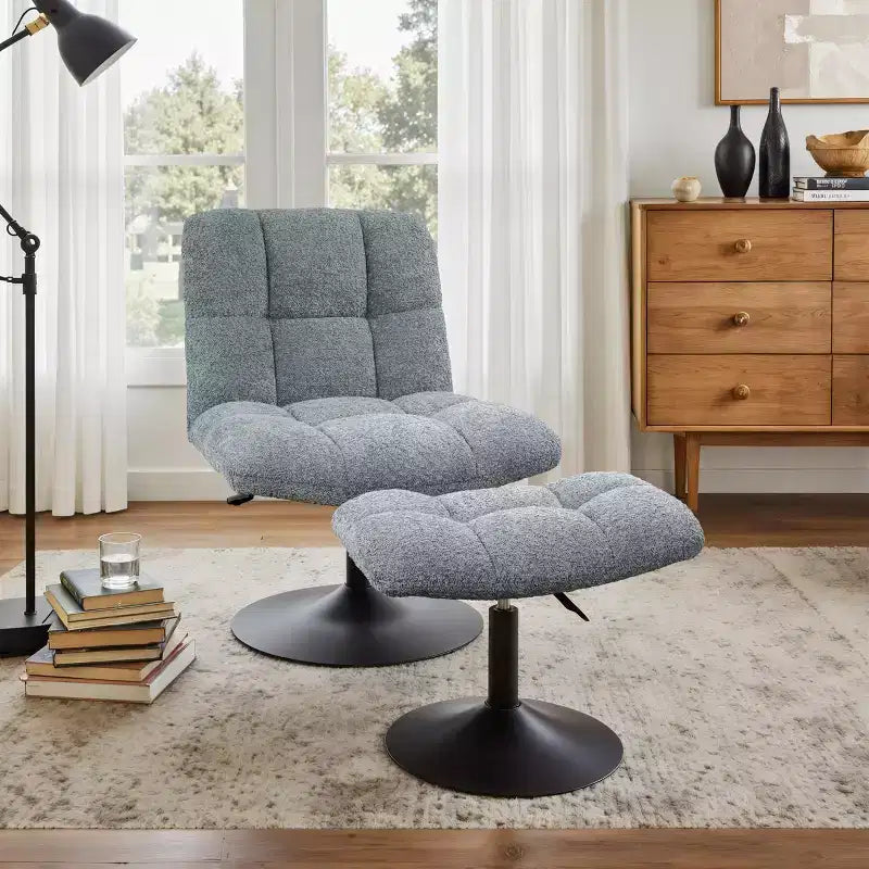 Fauteuil d'appoint pivotant en tissu de lin avec ottoman – Structure en bois et métal
