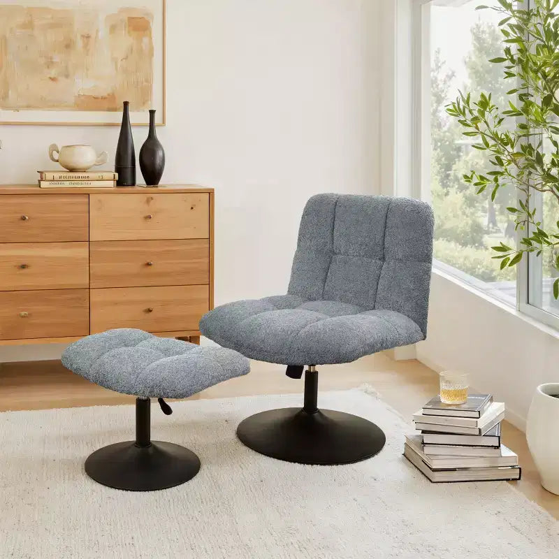 Fauteuil d'appoint pivotant en tissu de lin avec ottoman – Structure en bois et métal