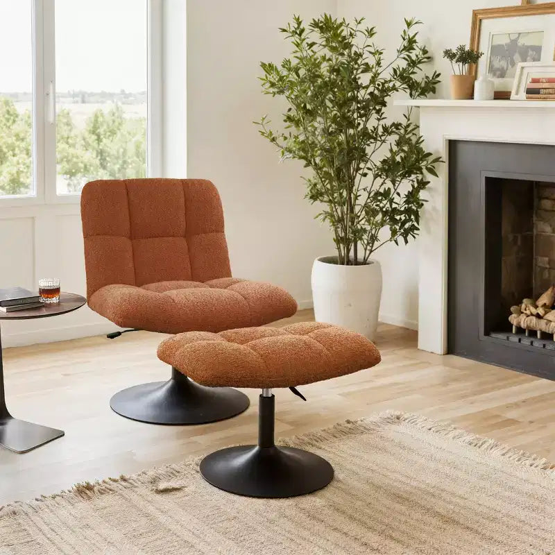 Fauteuil d'appoint pivotant en tissu de lin avec ottoman – Structure en bois et métal