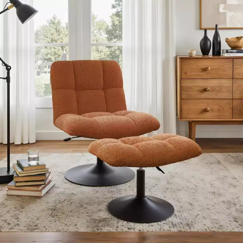 Fauteuil d'appoint pivotant en tissu de lin avec ottoman – Structure en bois et métal