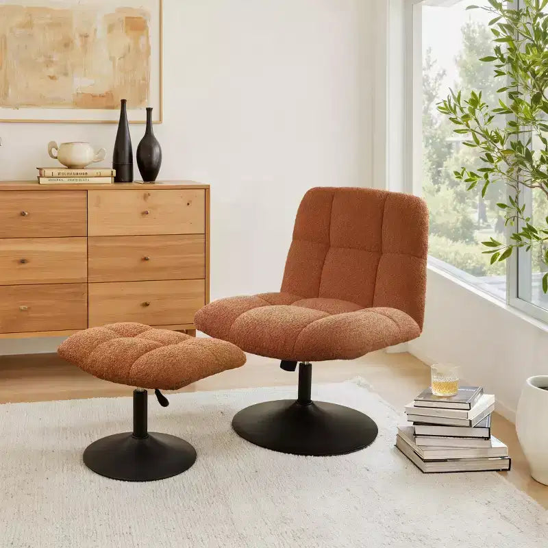 Fauteuil d'appoint pivotant en tissu de lin avec ottoman – Structure en bois et métal