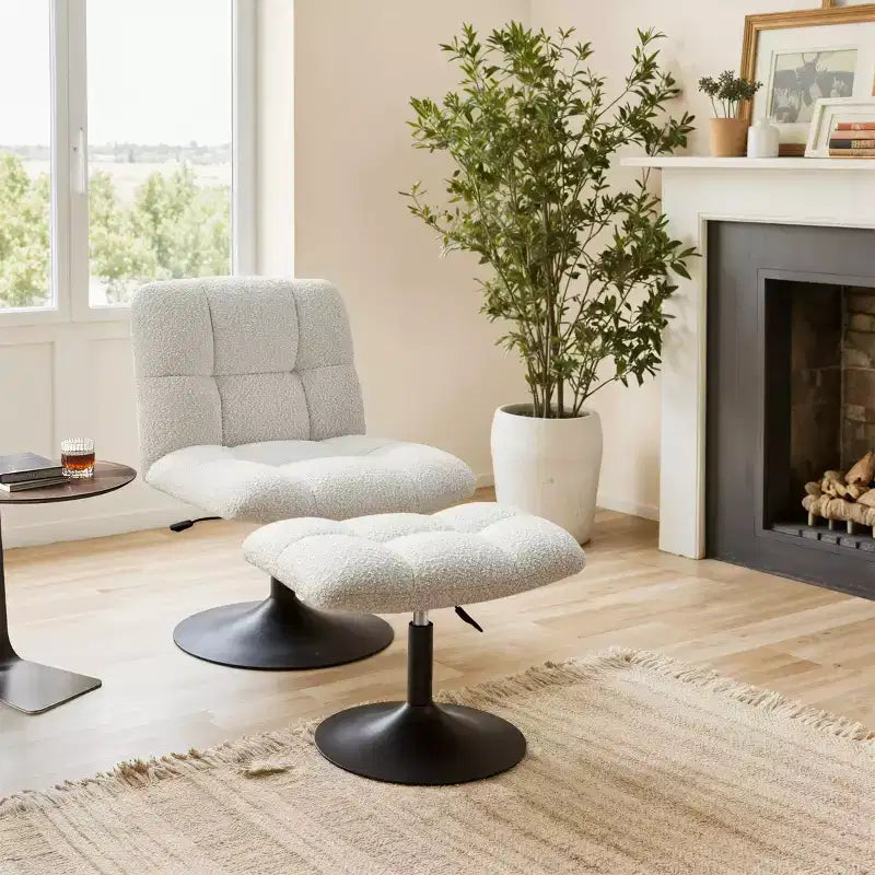 Fauteuil d'appoint pivotant en tissu de lin avec ottoman – Structure en bois et métal