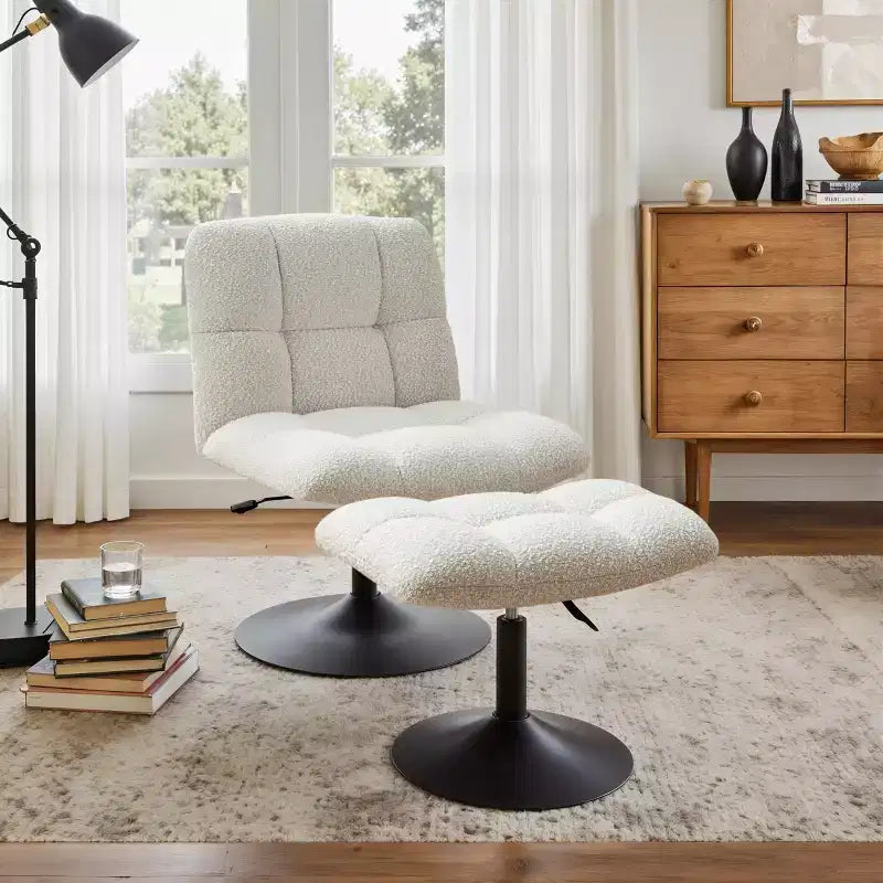 Fauteuil d'appoint pivotant en tissu de lin avec ottoman – Structure en bois et métal