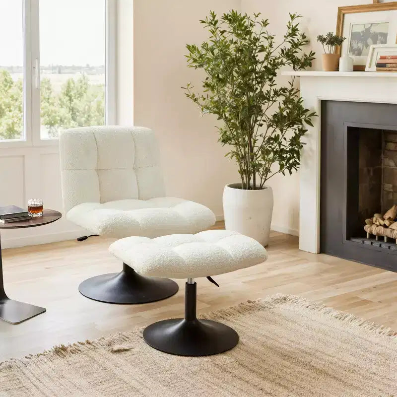 Fauteuil d'appoint pivotant en tissu de lin avec ottoman – Structure en bois et métal