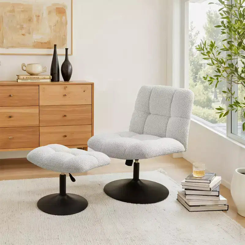 Fauteuil d'appoint pivotant en tissu de lin avec ottoman – Structure en bois et métal