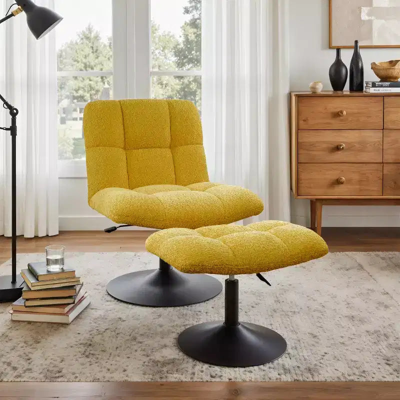 Fauteuil d'appoint pivotant en tissu de lin avec ottoman – Structure en bois et métal