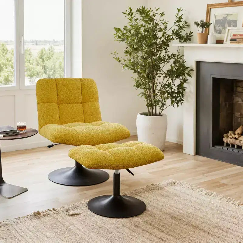 Fauteuil d'appoint pivotant en tissu de lin avec ottoman – Structure en bois et métal