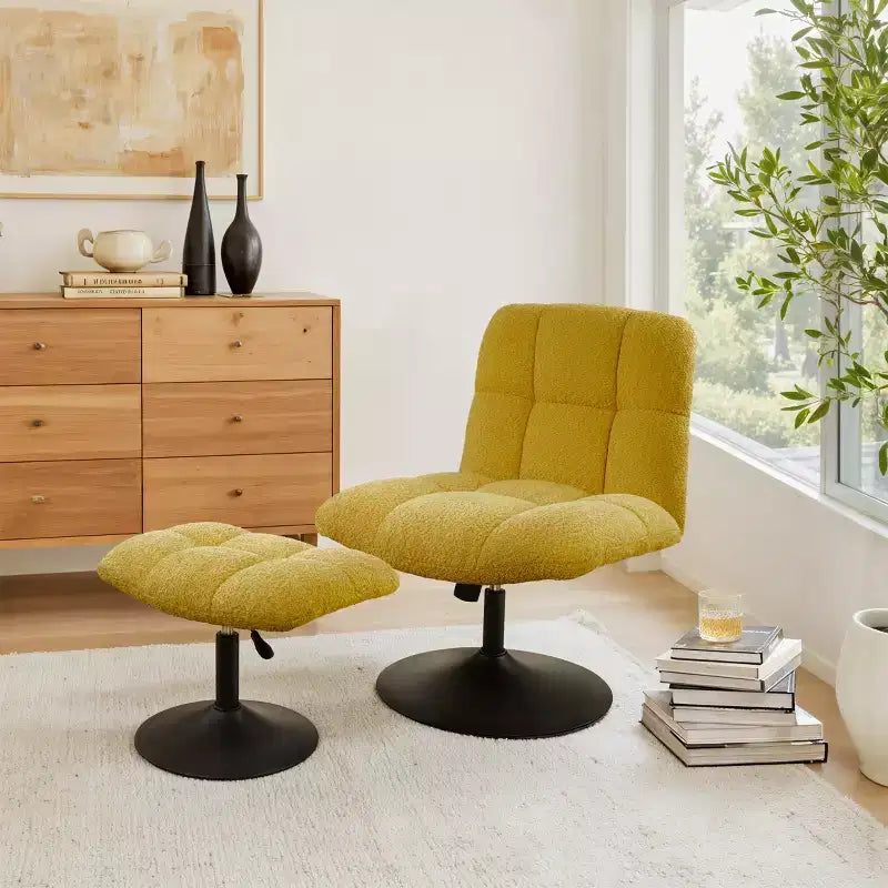 Fauteuil d'appoint pivotant en tissu de lin avec ottoman – Structure en bois et métal