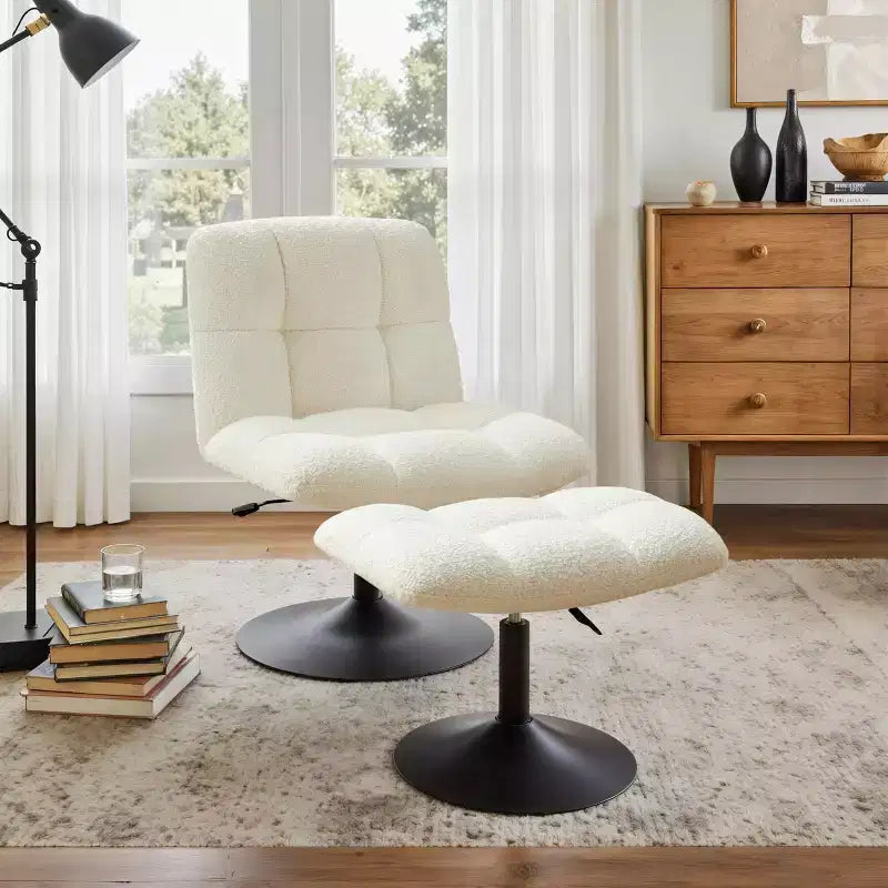 Fauteuil d'appoint pivotant en tissu de lin avec ottoman – Structure en bois et métal