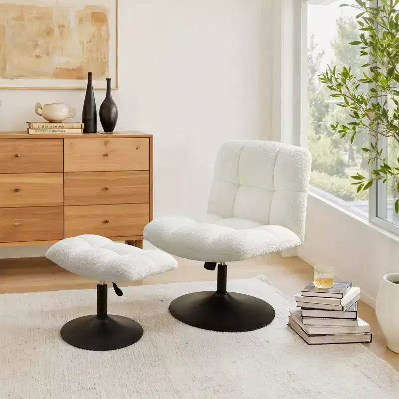 Fauteuil d'appoint pivotant en tissu de lin avec ottoman – Structure en bois et métal