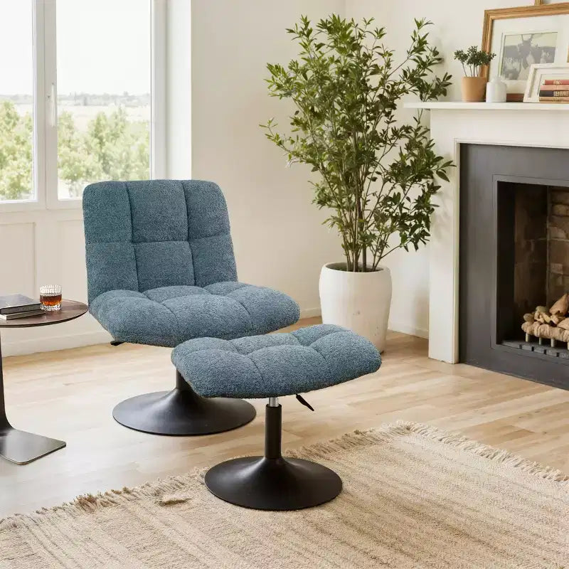 Fauteuil d'appoint pivotant en tissu de lin avec ottoman – Structure en bois et métal