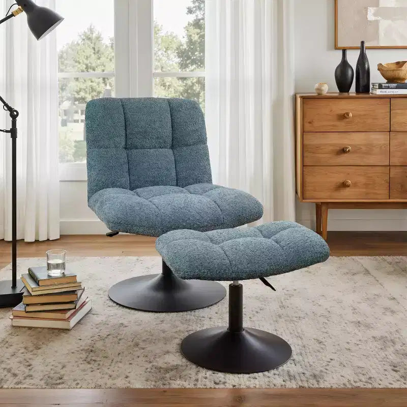 Fauteuil d'appoint pivotant en tissu de lin avec ottoman – Structure en bois et métal