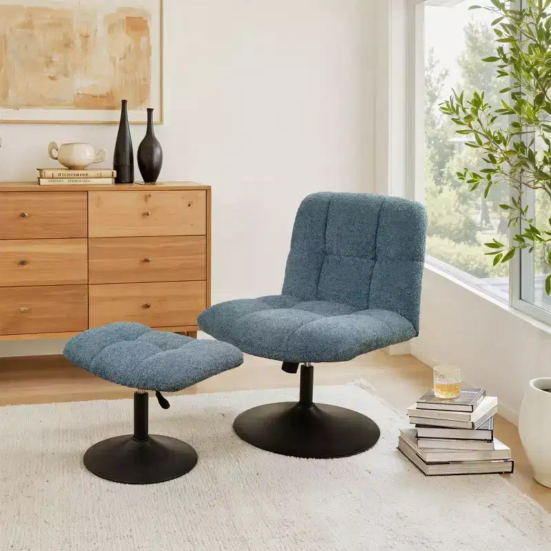 Fauteuil d'appoint pivotant en tissu de lin avec ottoman – Structure en bois et métal
