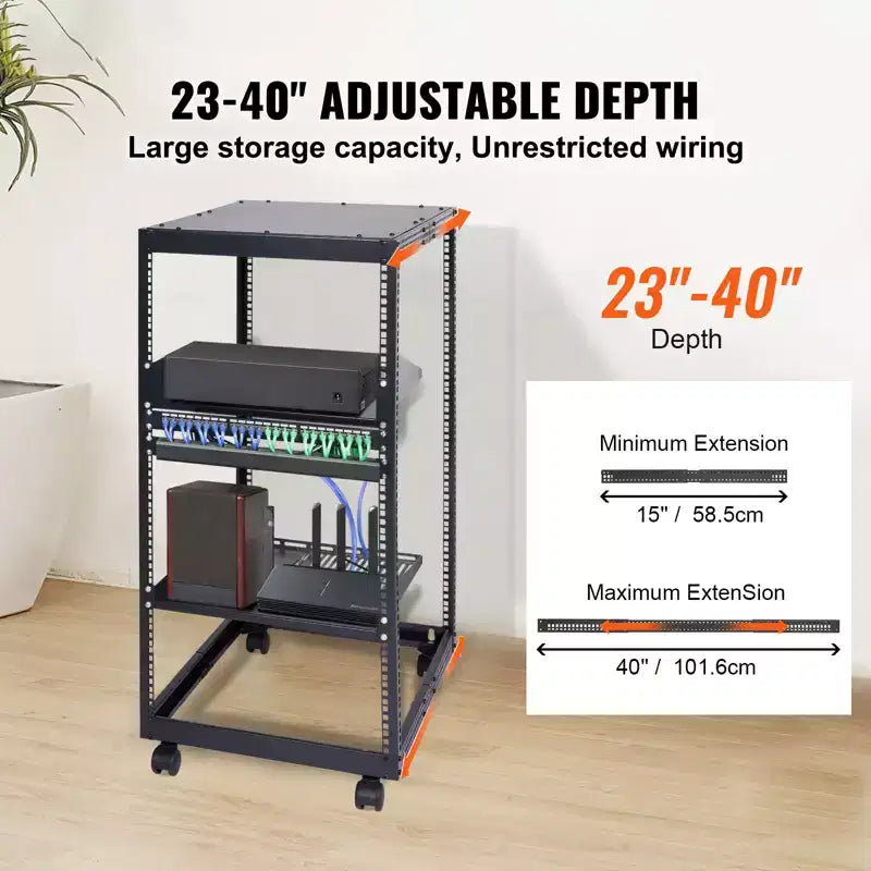 Armoire serveur ouverte 20U avec 2 étagères et 4 roulettes - Profondeur réglable de 23 à 40 pouces