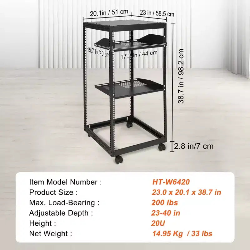 Armoire serveur ouverte 20U avec 2 étagères et 4 roulettes - Profondeur réglable de 23 à 40 pouces