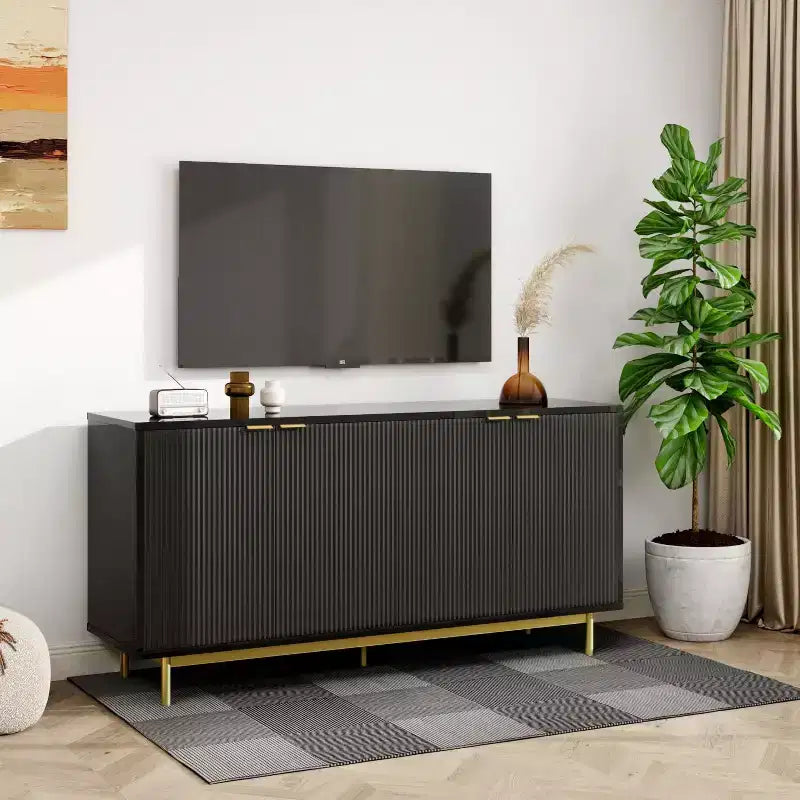 Buffet enfilade 147 cm avec étagères réglables et 4 portes – Noir/Naturel