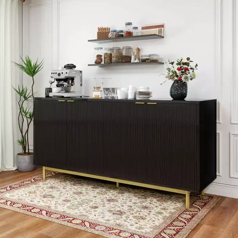 Buffet enfilade 147 cm avec étagères réglables et 4 portes – Noir/Naturel