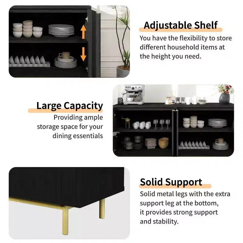 Buffet enfilade 147 cm avec étagères réglables et 4 portes – Noir/Naturel