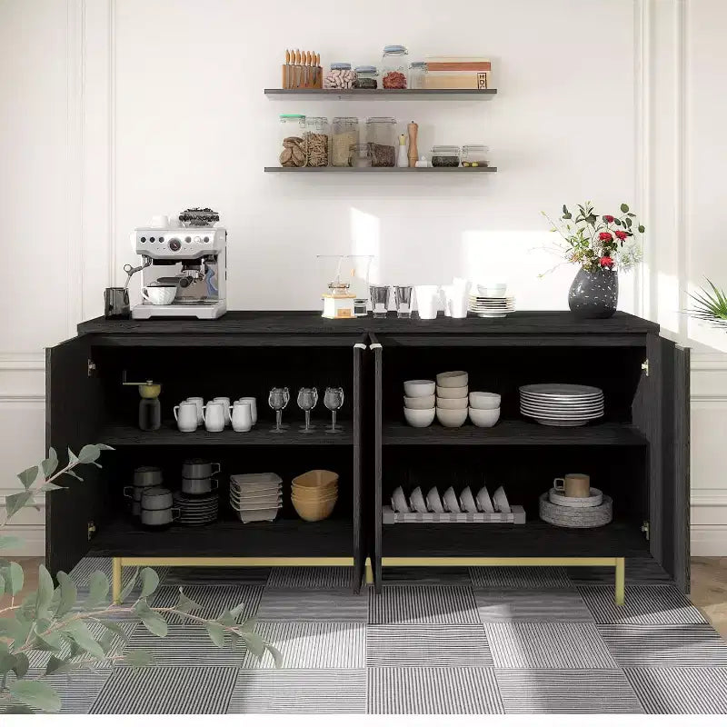 Buffet enfilade 147 cm avec étagères réglables et 4 portes – Noir/Naturel