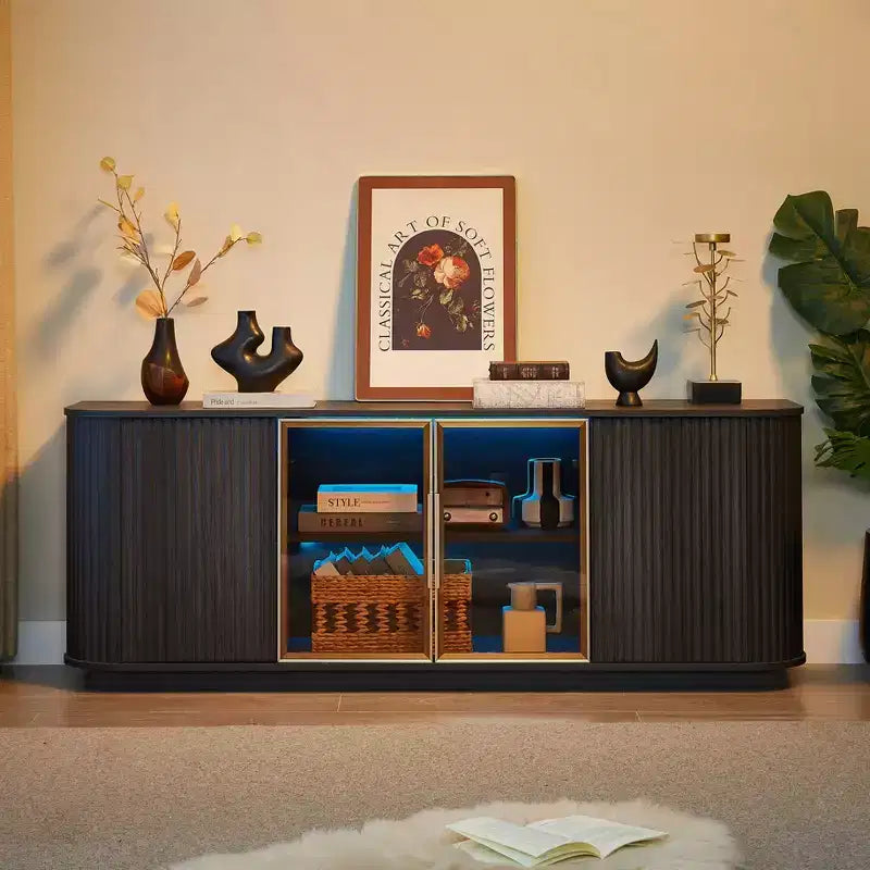 Meuble TV ondulé de 64 po avec lumières LED et armoire en verre trempé - Noir