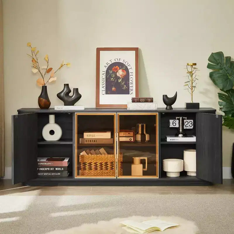 Meuble TV ondulé de 64 po avec lumières LED et armoire en verre trempé - Noir