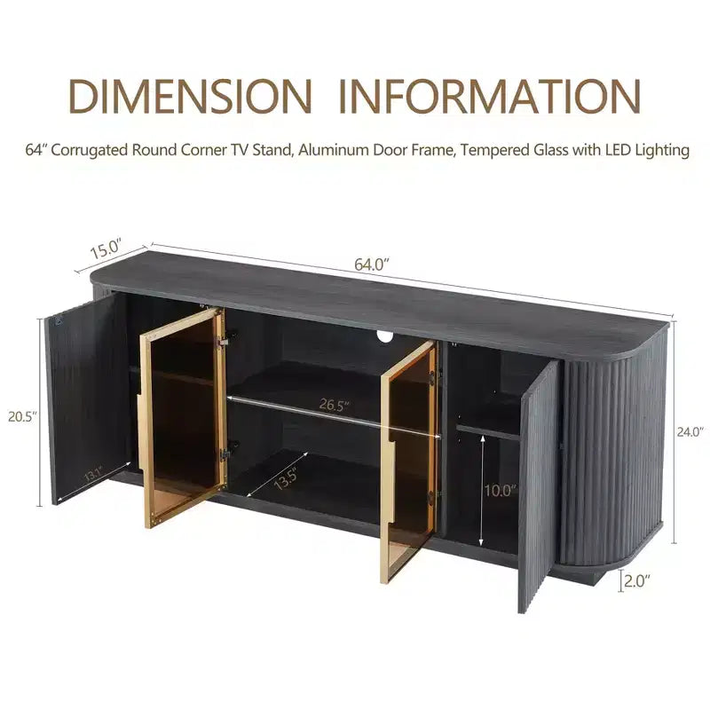 Meuble TV ondulé de 64 po avec lumières LED et armoire en verre trempé - Noir