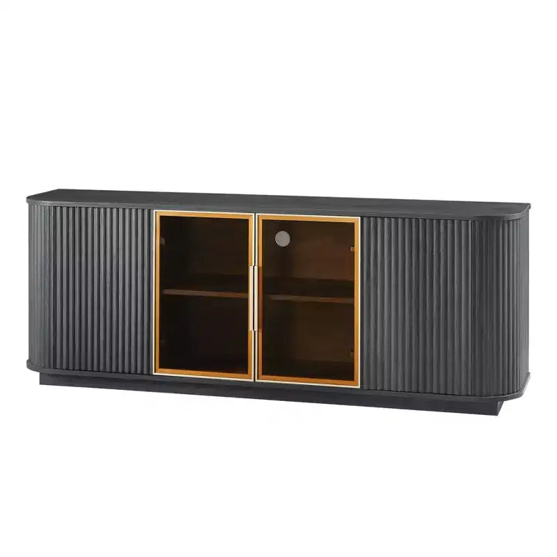 Meuble TV ondulé de 64 po avec lumières LED et armoire en verre trempé - Noir