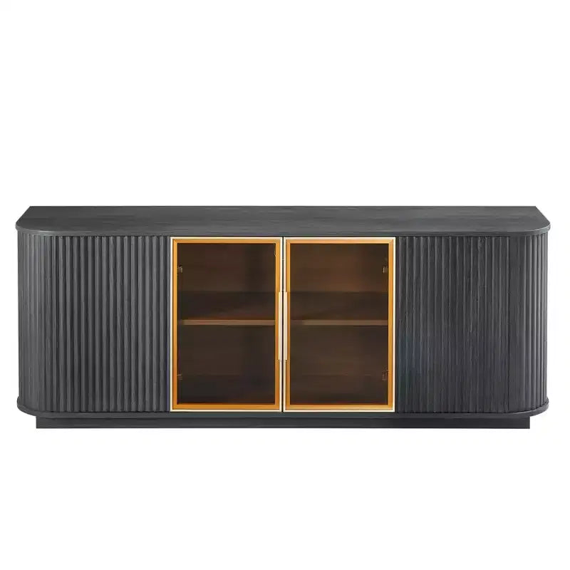 Meuble TV ondulé de 64 po avec lumières LED et armoire en verre trempé - Noir