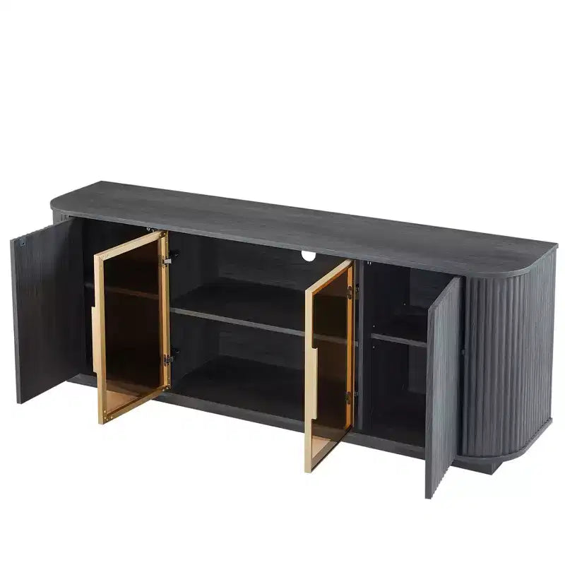 Meuble TV ondulé de 64 po avec lumières LED et armoire en verre trempé - Noir