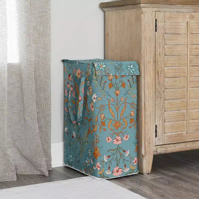 Panier à linge pliable avec poignées - Boho floral bleu orange et rose