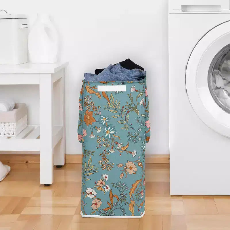 Panier à linge pliable avec poignées - Boho floral bleu orange et rose