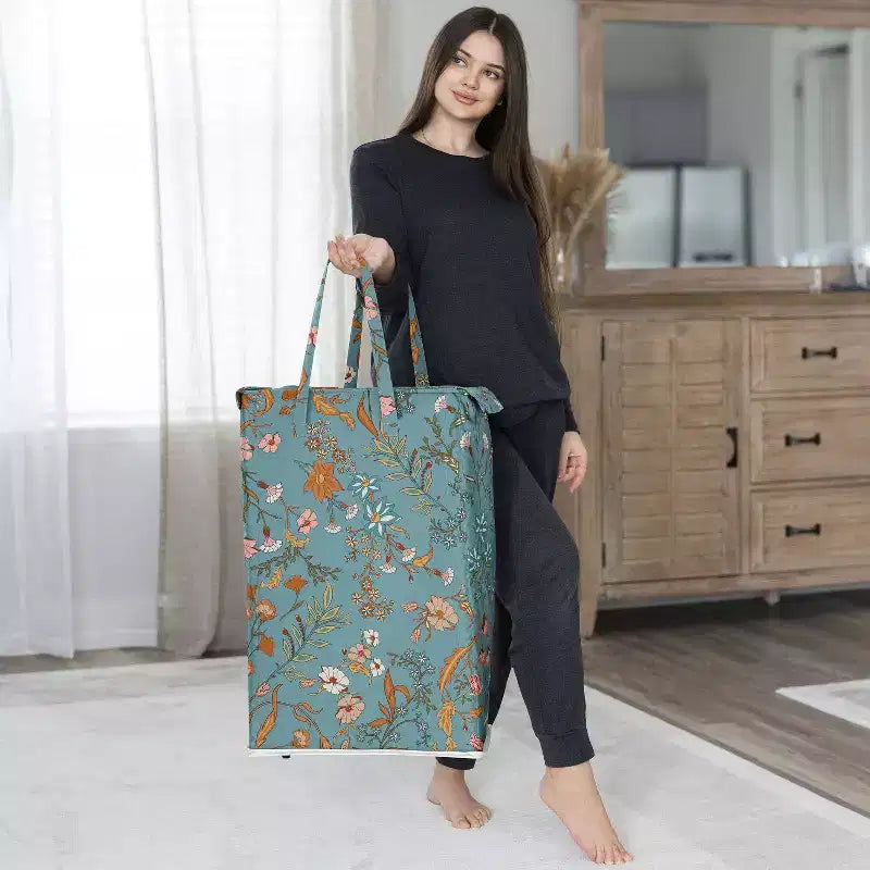 Panier à linge pliable avec poignées - Boho floral bleu orange et rose
