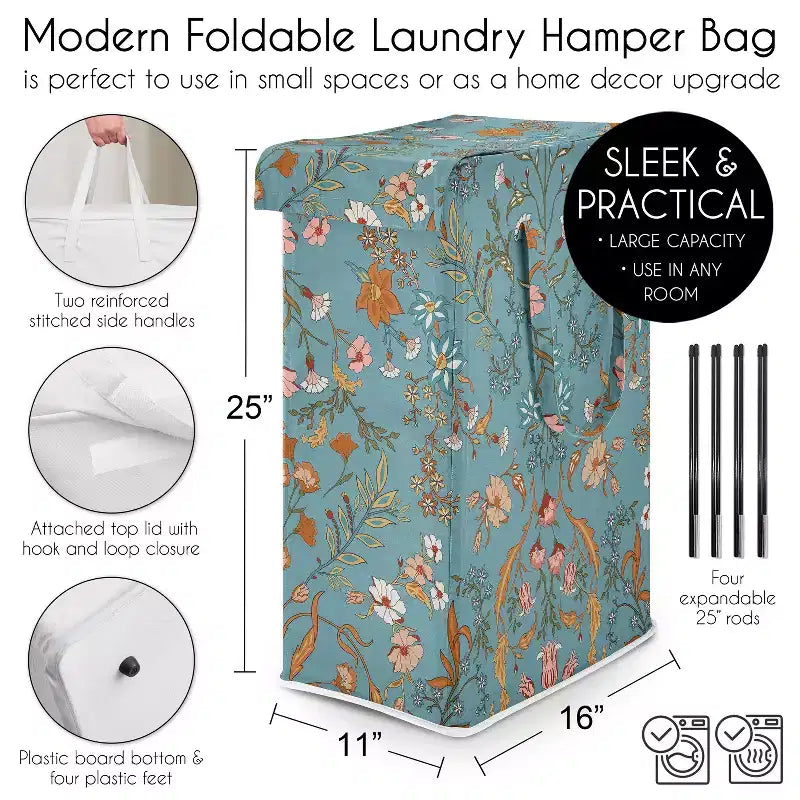 Panier à linge pliable avec poignées - Boho floral bleu orange et rose