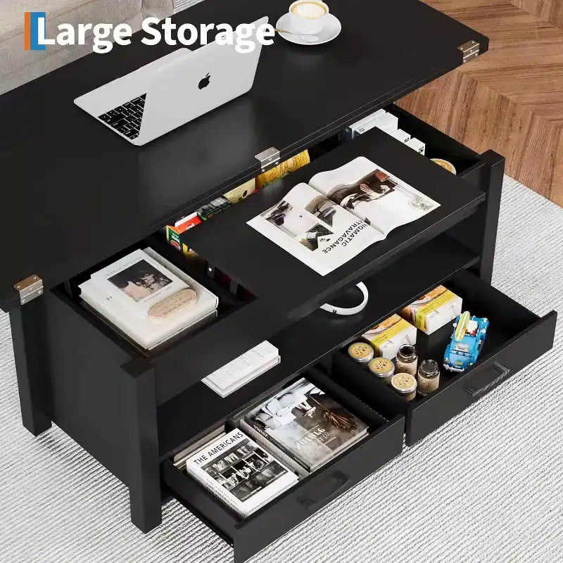 Table basse relevable séparable de 100 cm avec 2 tiroirs, convertible en table à manger, table centrale industrielle moderne pour salon et bureau