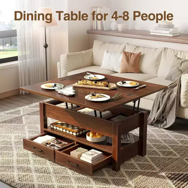 Table basse relevable séparable de 100 cm avec 2 tiroirs, convertible en table à manger, table centrale industrielle moderne pour salon et bureau
