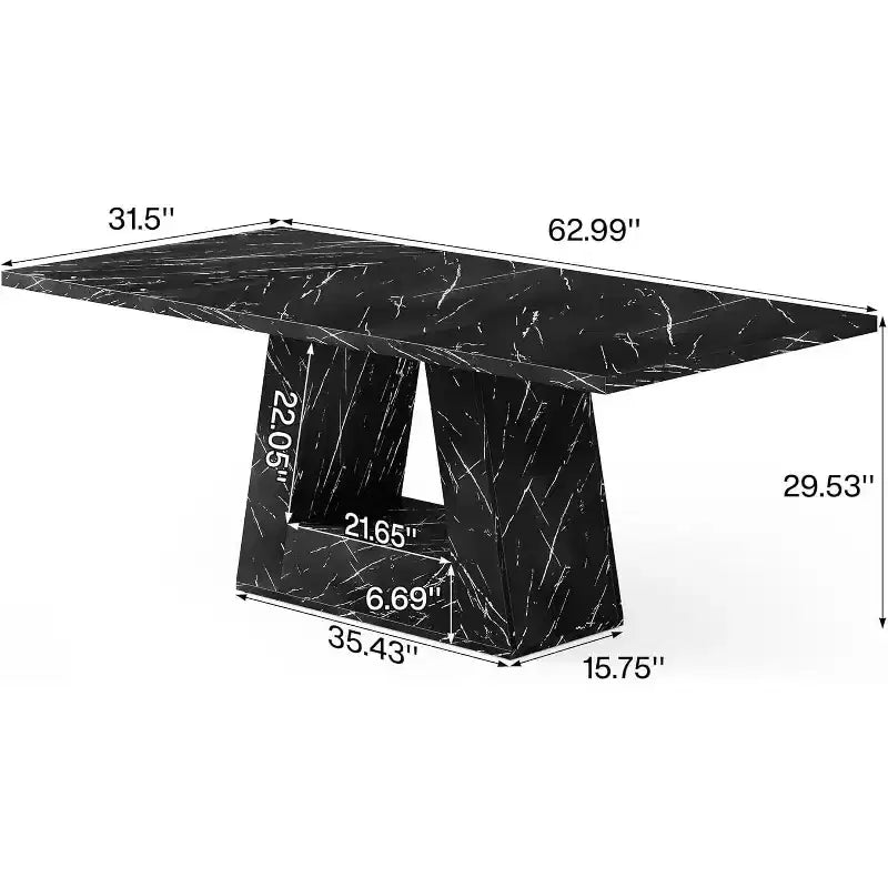 Table à manger de 160 cm pour 4 à 6 personnes avec plateau en faux marbre noir et pied piédestal triangulaire