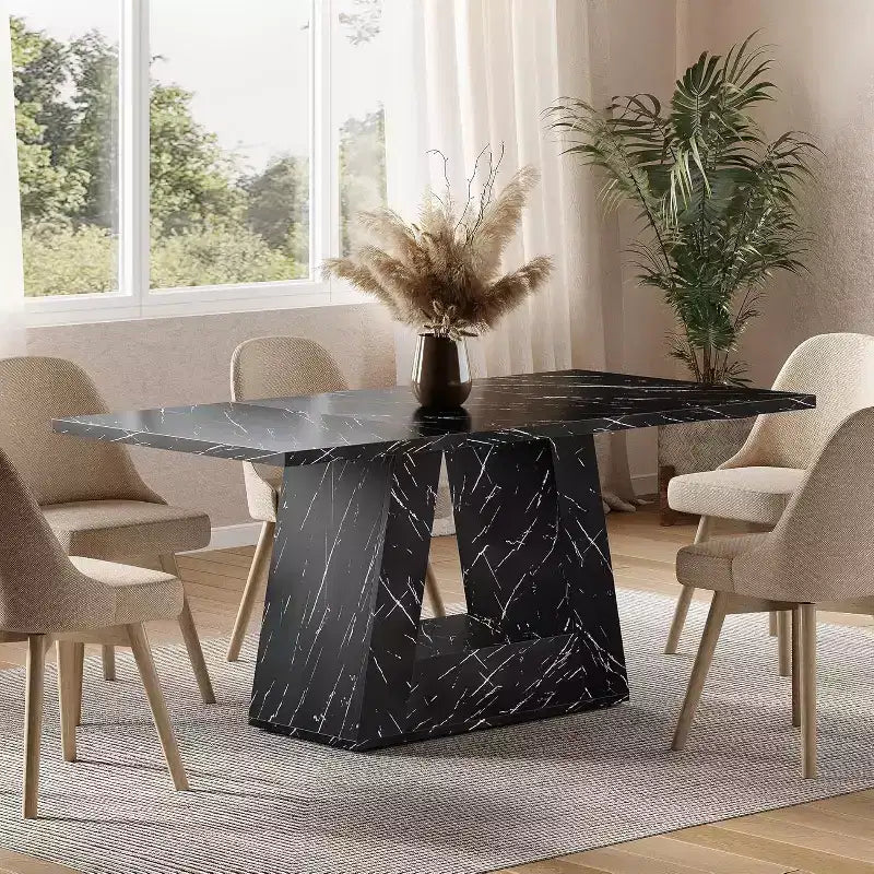 Table à manger de 160 cm pour 4 à 6 personnes avec plateau en faux marbre noir et pied piédestal triangulaire