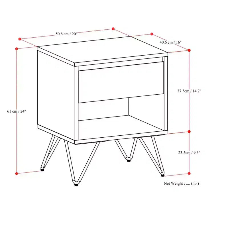 Table de chevet moderne industrielle de 50,8 cm de large en noyer
