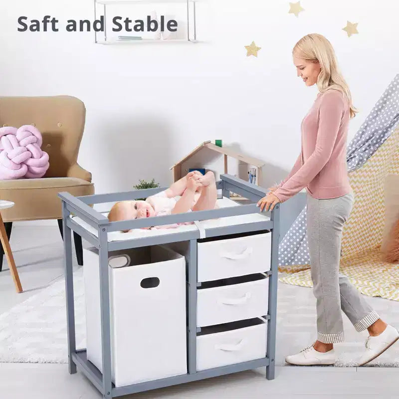 Commode à Langer avec 3 Tiroirs et Panier à Linge