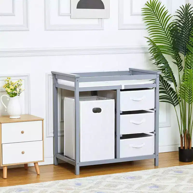 Commode à Langer avec 3 Tiroirs et Panier à Linge